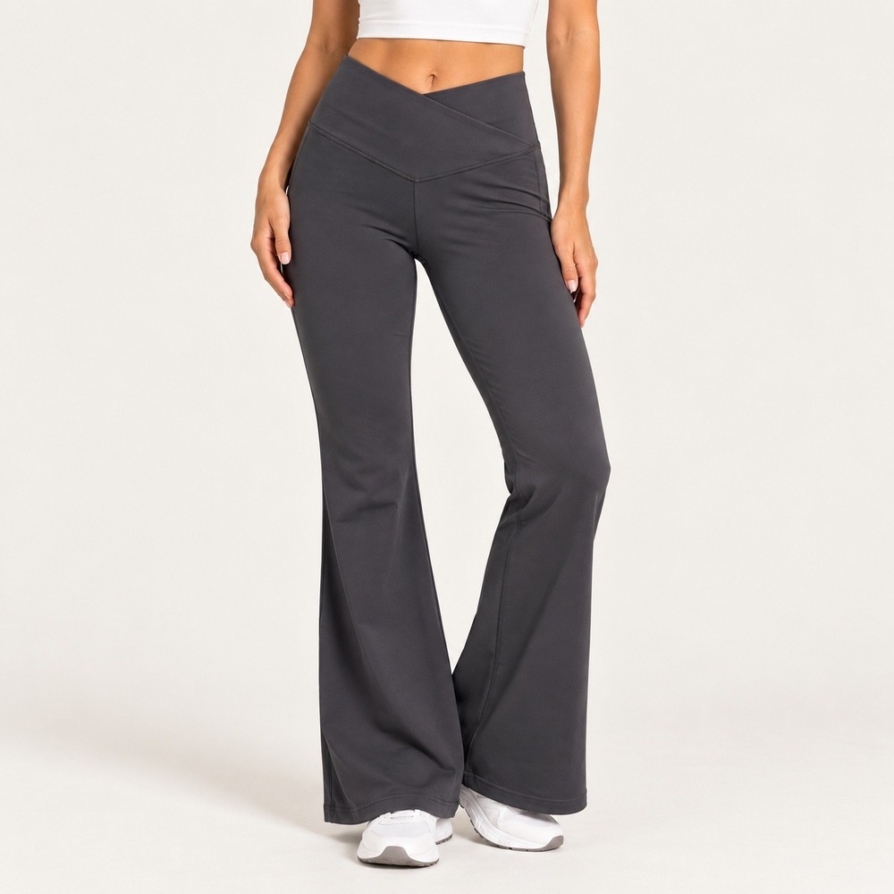 Charcoal Gray Crossover Waist Flare Yoga Pants L High Rise Yoga Gym Athleisure